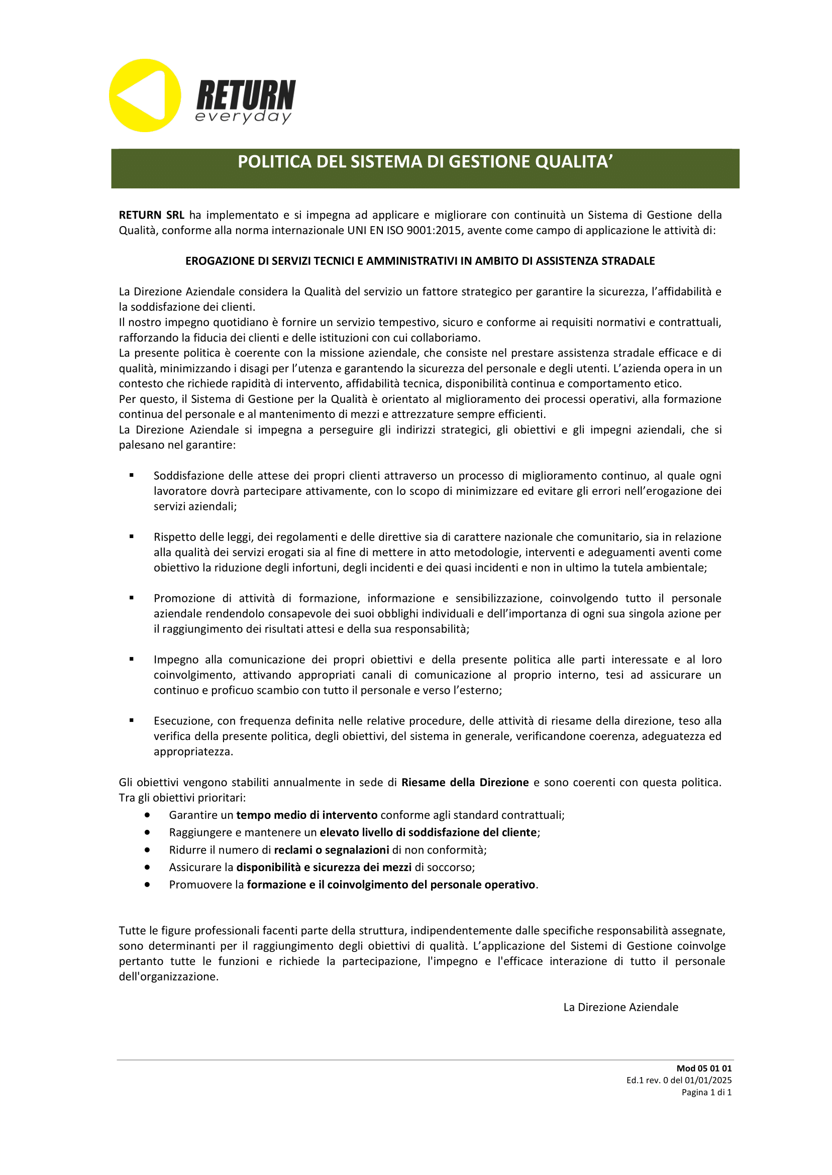 Certificato ISO 9001 Return Italia