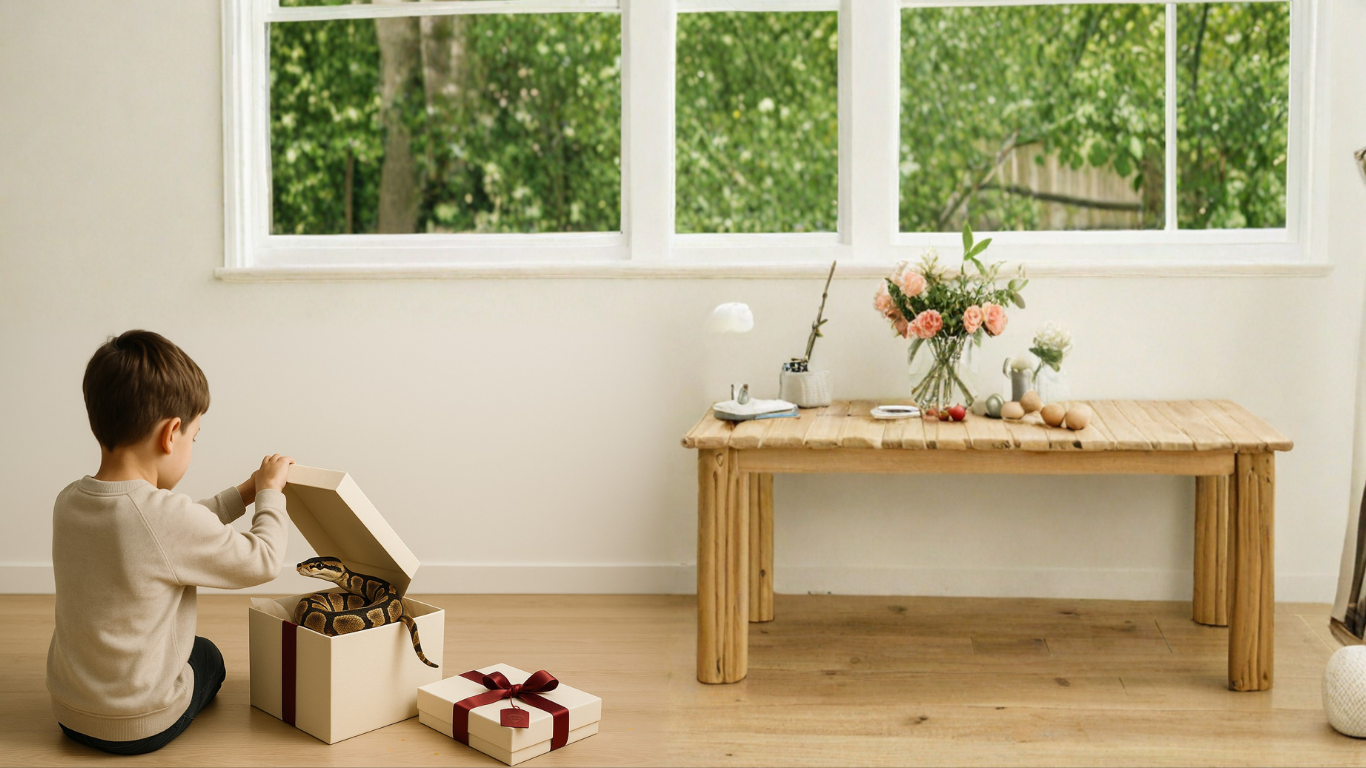 Interno casa, bimbo con pacco; baseline visibile in basso