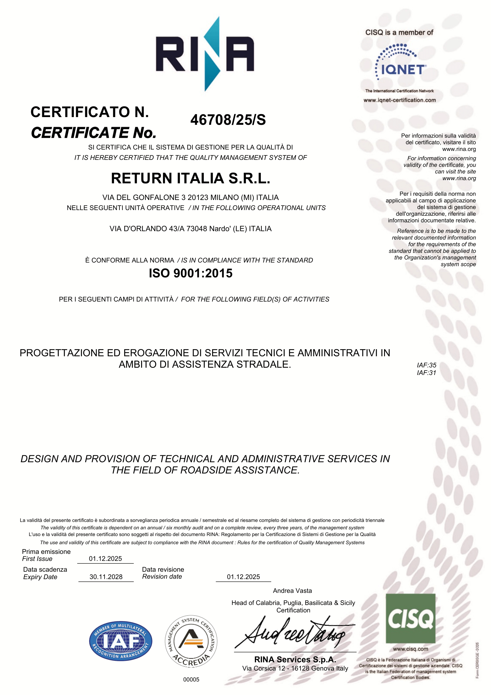 Certificato ISO 9001 Return Italia